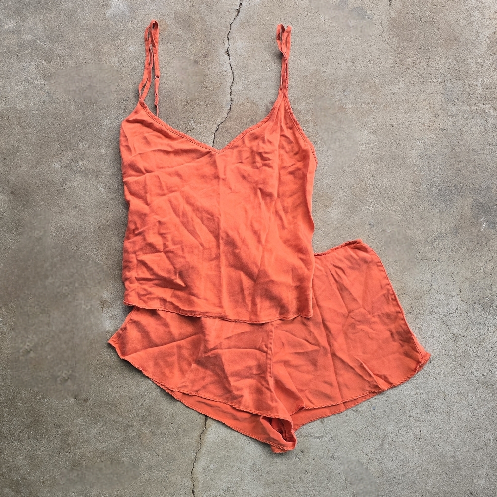 Victoria's Secret 1990s Vintage 100% Silk Pajama Set M Cami Shorts Lounge Orange